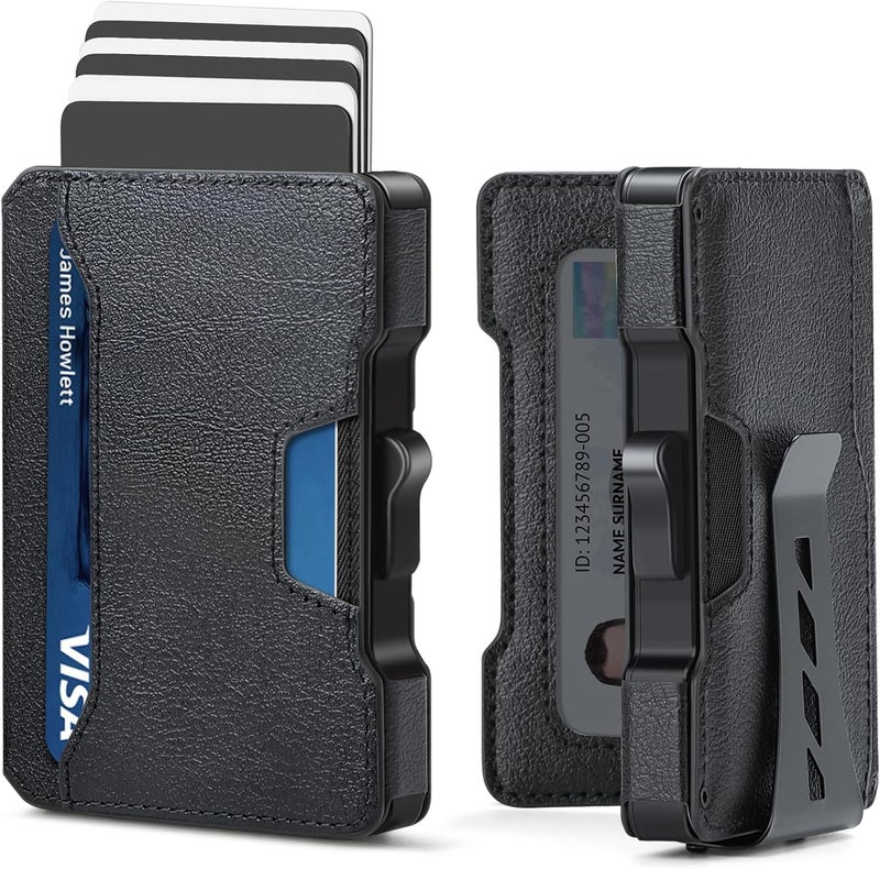 BESSIO Slim Wallet for Men - Minimalist Mens Wallet with Money Clip, Aluminum Pop Up Card Case and Leather Slots Credit Card Holder RFID Blocking Wallet for Men with Gift Box - Image 1